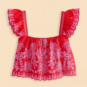 NWOT XL FARM Rio Red & Pink Embroidered Flutter-Sleeve Crop Top